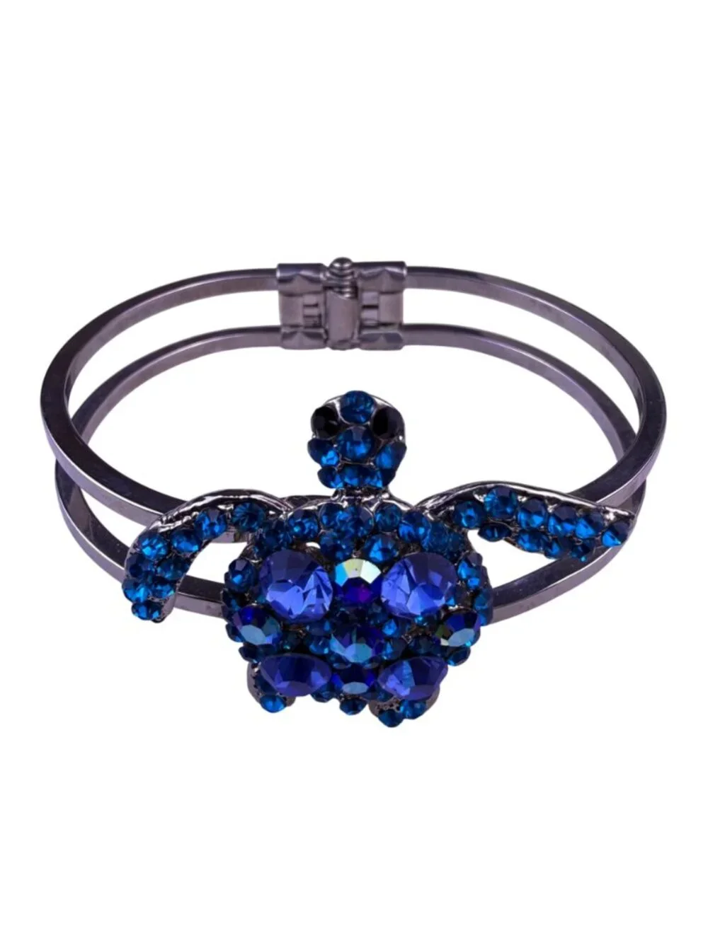 Silver Tone Womens Blue Rhinestone Turtle  Bracelet Adjustable Charm Jewelry